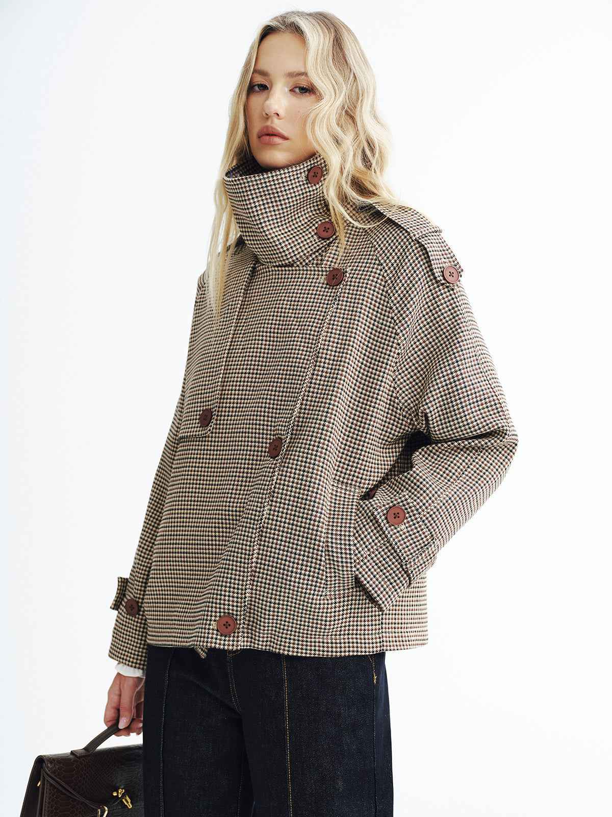 Women's Coat | Cropped Vintage Plaid with Double-Breasted Design 1