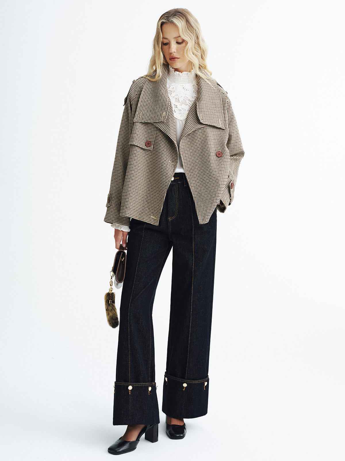 Women's Coat | Cropped Vintage Plaid with Double-Breasted Design 2