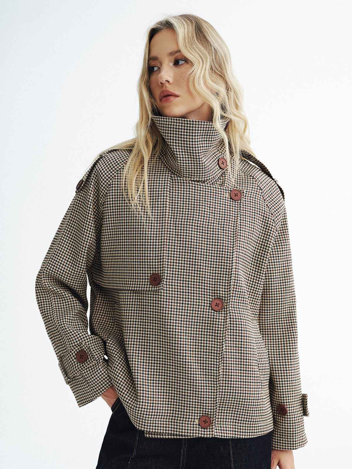 Women's Coat | Cropped Vintage Plaid with Double-Breasted Design 4