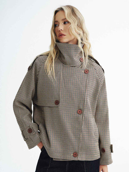 Women's Coat | Cropped Vintage Plaid with Double-Breasted Design 4