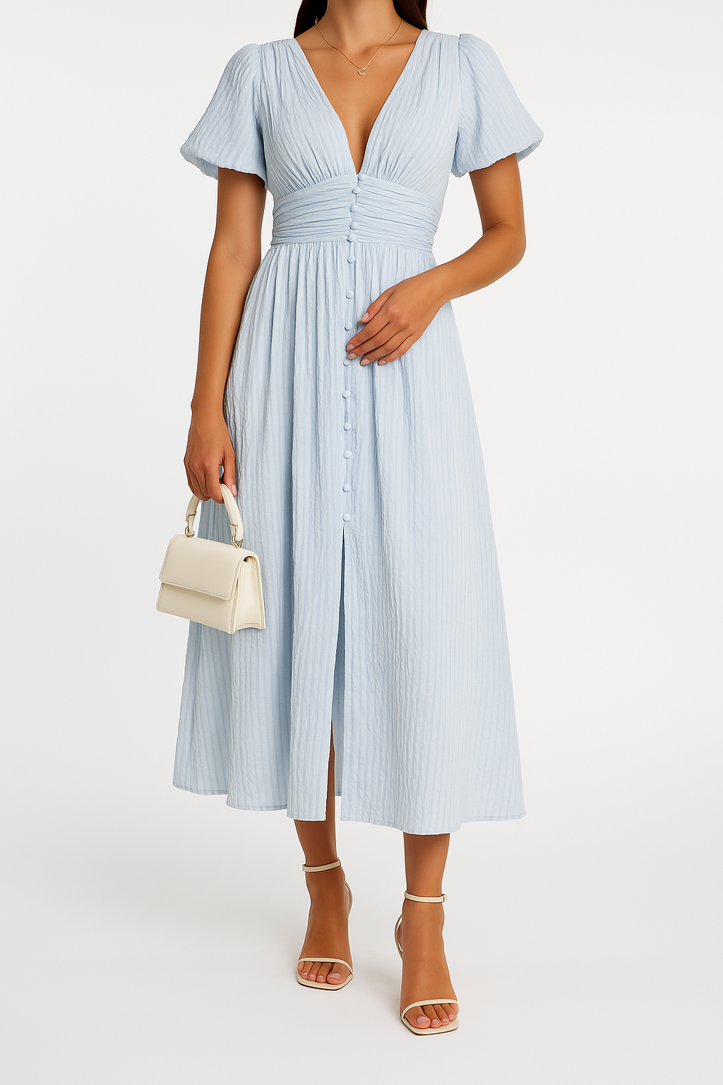 Women's Maxi Dress | Checked V-Neck with Puff Sleeves and Button-Down Front 2