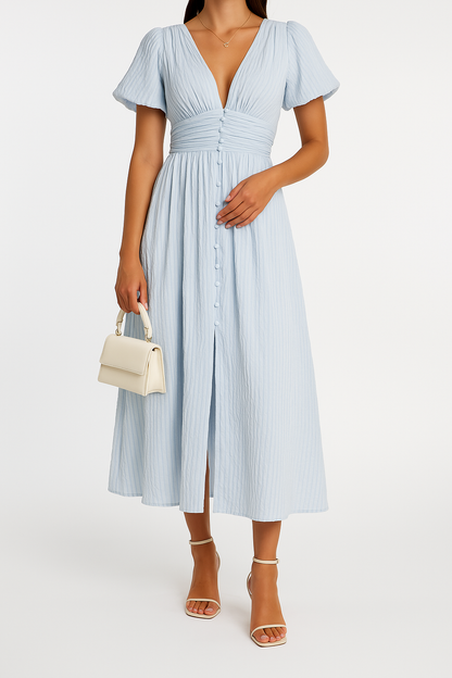 Women's Maxi Dress | Checked V-Neck with Puff Sleeves and Button-Down Front 2