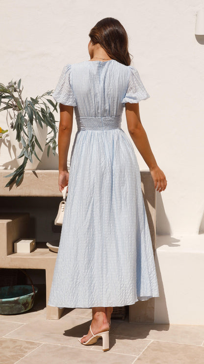 Women's Maxi Dress | Checked V-Neck with Puff Sleeves and Button-Down Front 3