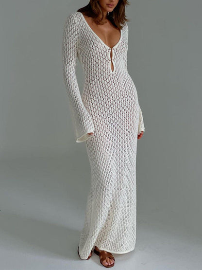 Women's Maxi Dress | Crochet Open Stitch with Long Sleeves and Deep V-Neck 0
