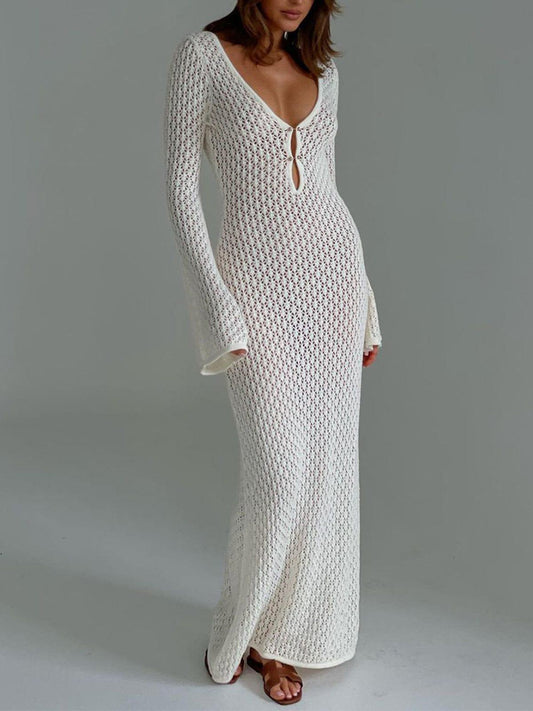 Women's Maxi Dress | Crochet Open Stitch with Long Sleeves and Deep V-Neck 0