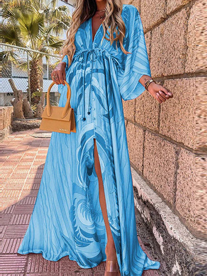Women's Maxi Dress | V-Neck Button Down with Belted Waist and Abstract Print 1