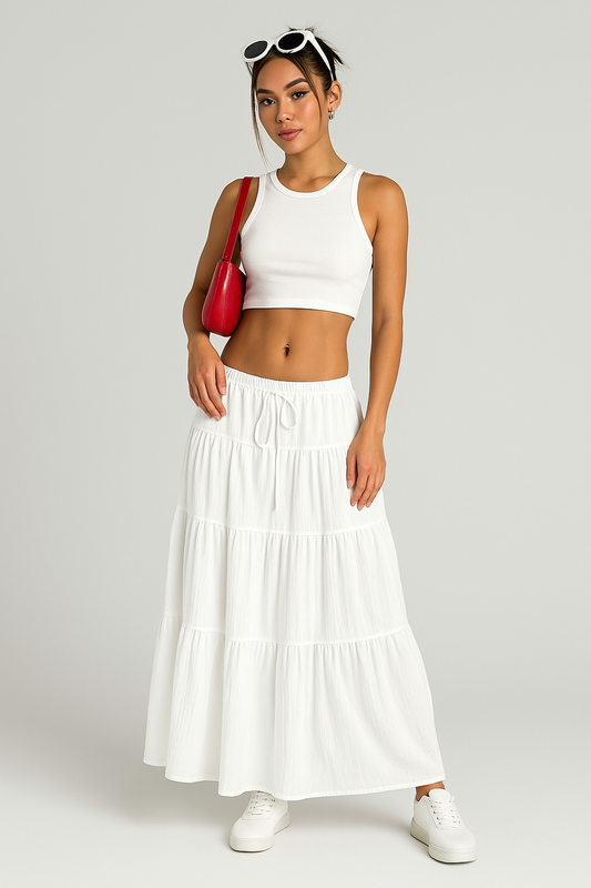 Women's Maxi Skirt | A-Line Tiered Design with Adjustable Waist 0