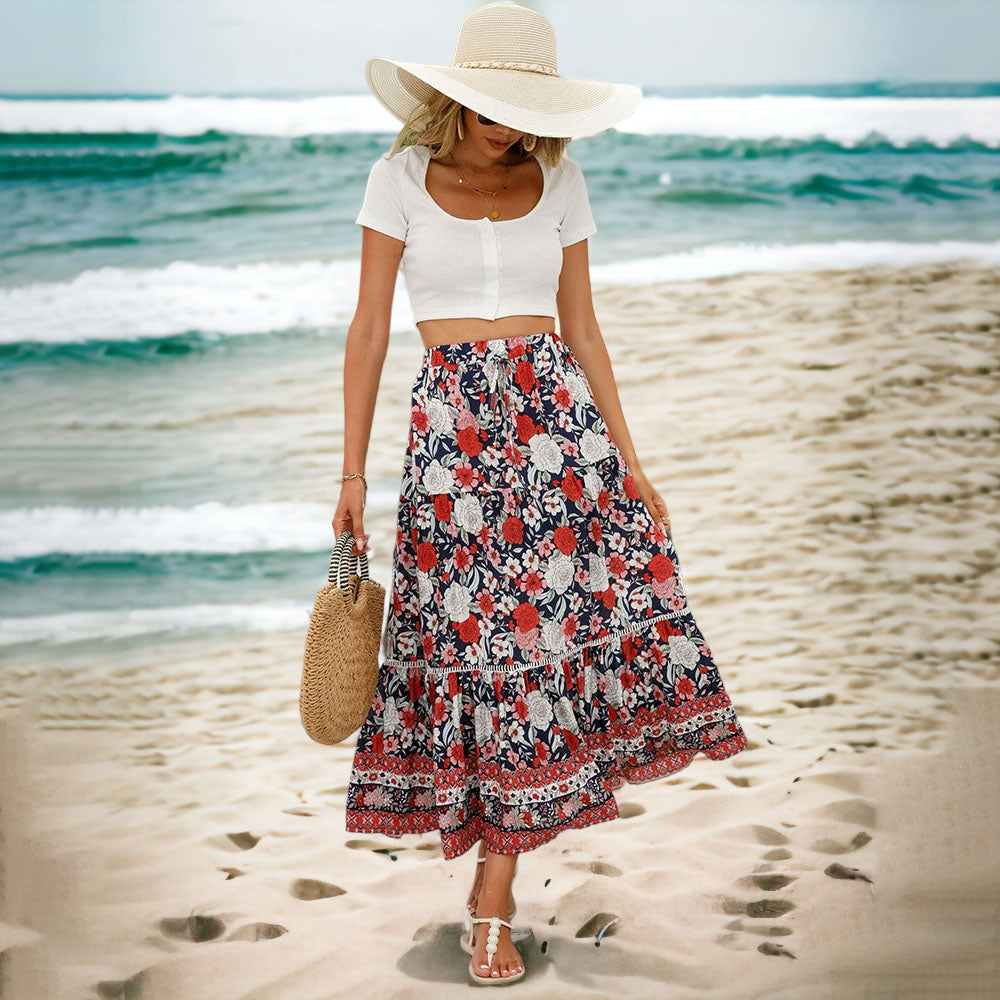 Women's Maxi Skirt | Lightweight Bohemian Floral Print with Elastic Waist 0