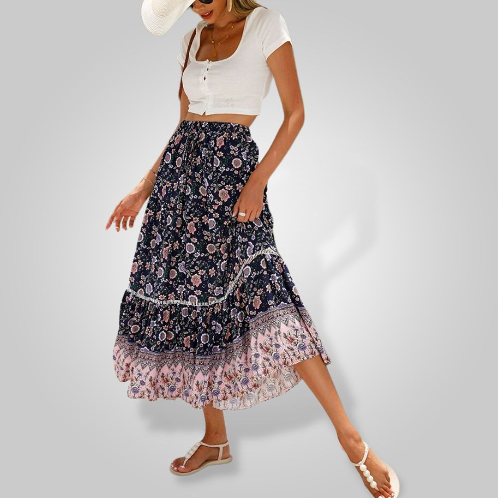 Women's Maxi Skirt | Lightweight Bohemian Floral Print with Elastic Waist 2