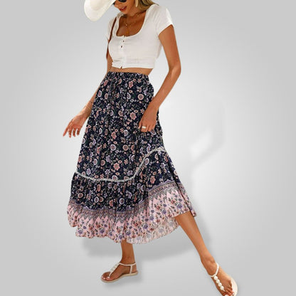 Women's Maxi Skirt | Lightweight Bohemian Floral Print with Elastic Waist 2