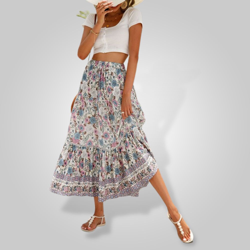 Women's Maxi Skirt | Lightweight Bohemian Floral Print with Elastic Waist 4