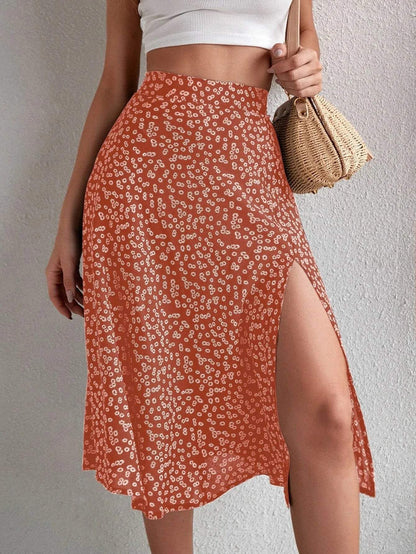 Women's Midi Skirt | High Waist A-Line Floral Print with Side Slit 1