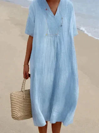 Women's Summer Dress - Relaxed Fit Linen V-Neck Short Sleeve Lightweight and Breathable 0