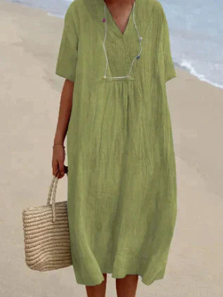 Women's Summer Dress - Relaxed Fit Linen V-Neck Short Sleeve Lightweight and Breathable 1