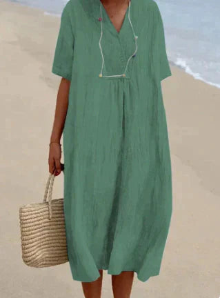 Women's Summer Dress - Relaxed Fit Linen V-Neck Short Sleeve Lightweight and Breathable 2