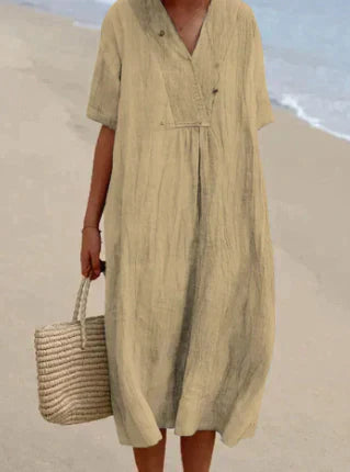 Women's Summer Dress - Relaxed Fit Linen V-Neck Short Sleeve Lightweight and Breathable 4