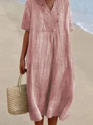 Women's Summer Dress - Relaxed Fit Linen V-Neck Short Sleeve Lightweight and Breathable 5