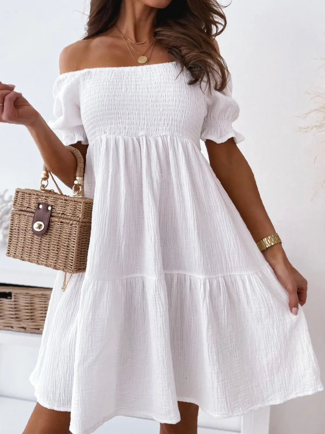 Women's Summer Dress | Off-Shoulder Mini with Structured Puff Sleeves 2