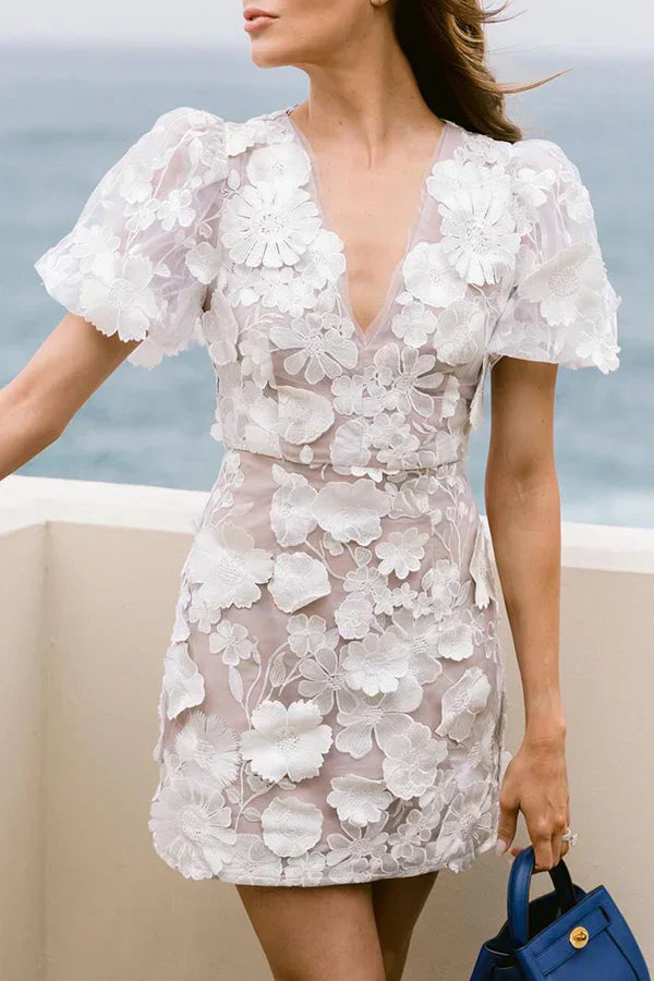 Women's Summer Mini Dress | Fitted Puff Sleeves with Floral Embroidery 0