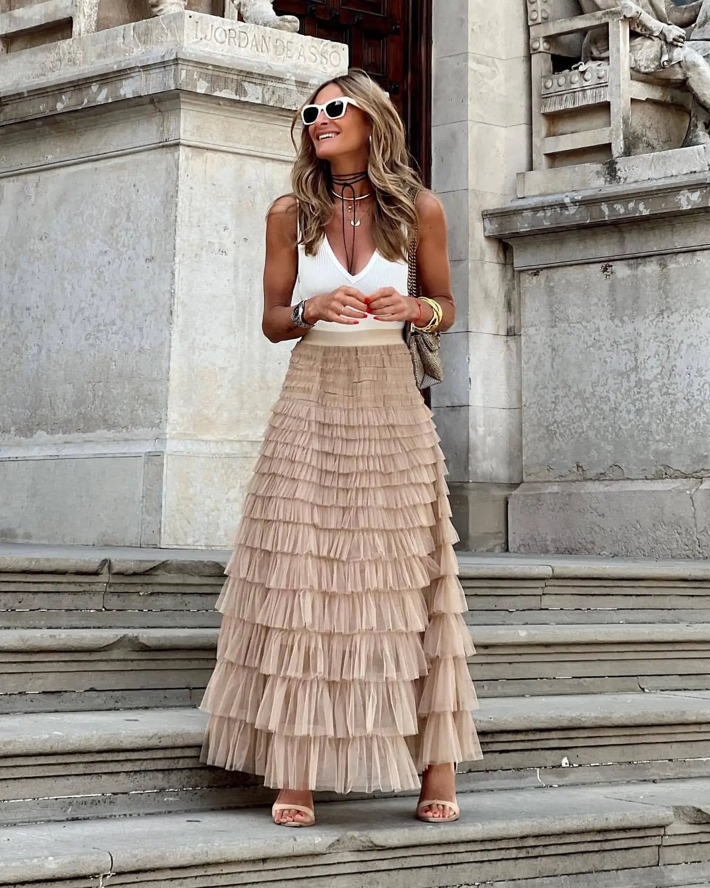 Women's Tiered Maxi Skirt | High Waist with Flowing Ruffle Layers 0