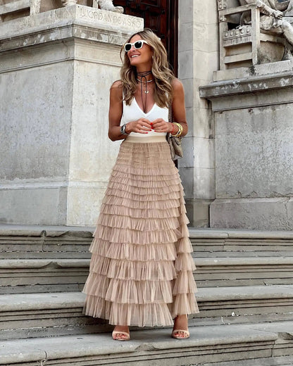 Women's Tiered Maxi Skirt | High Waist with Flowing Ruffle Layers 0