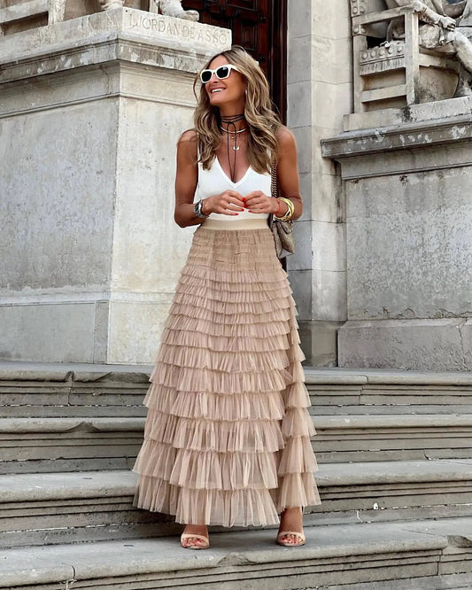 Women's Tiered Maxi Skirt | High Waist with Flowing Ruffle Layers 0