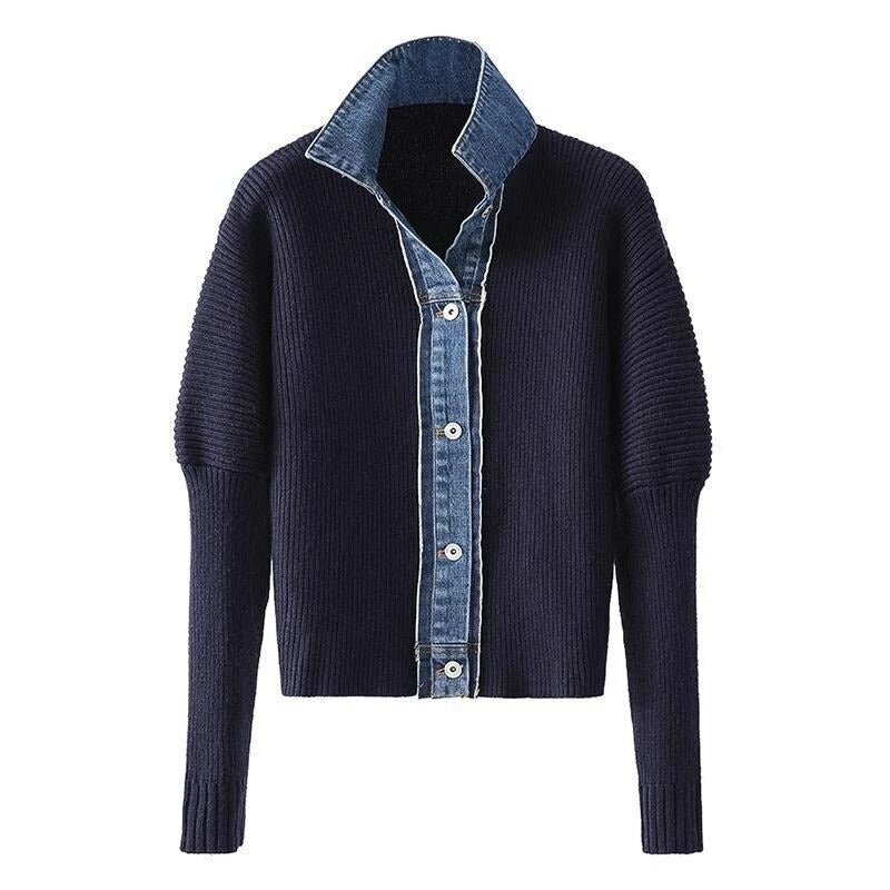 Women's Top | V-Neck Long Sleeve Knit with Denim Appeal and Metal Buttons 0