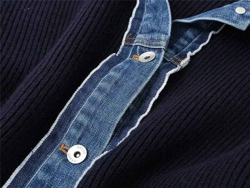 Women's Top | V-Neck Long Sleeve Knit with Denim Appeal and Metal Buttons 4