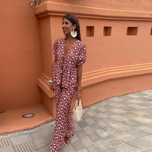 Women's Two-Piece Linen Set | Puff Sleeve Top & High-Waist Pants 0
