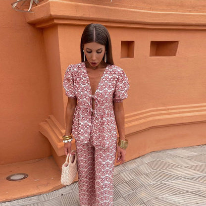 Women's Two-Piece Linen Set | Puff Sleeve Top & High-Waist Pants 3
