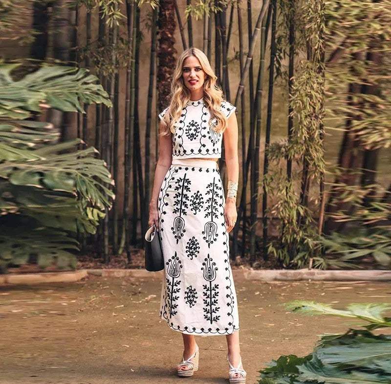 Women's Two-Piece Set | Embroidered Crop Top and Wrap Midi Skirt 0