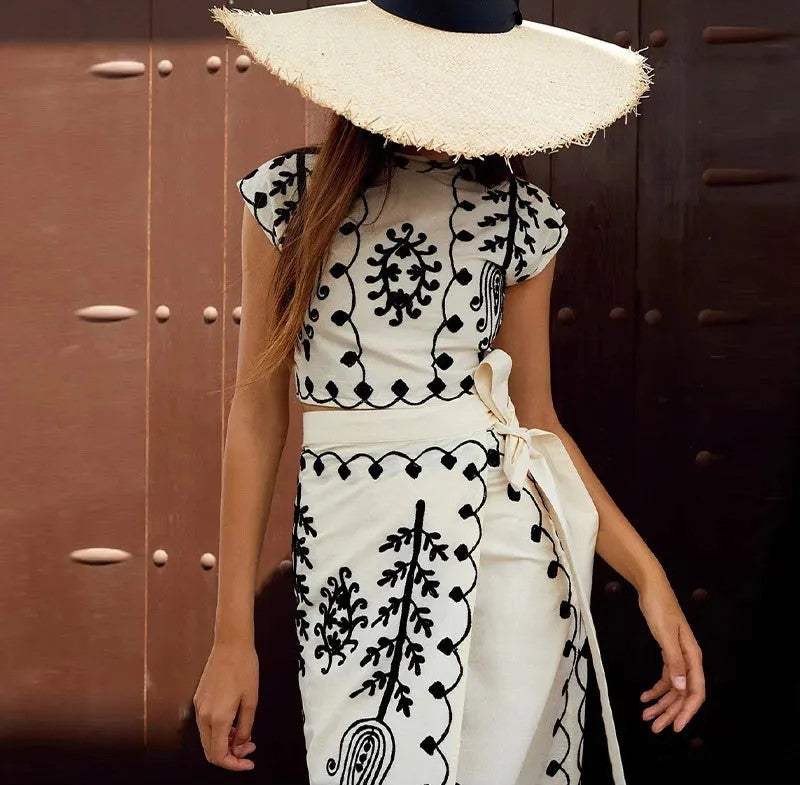 Women's Two-Piece Set | Embroidered Crop Top and Wrap Midi Skirt 1