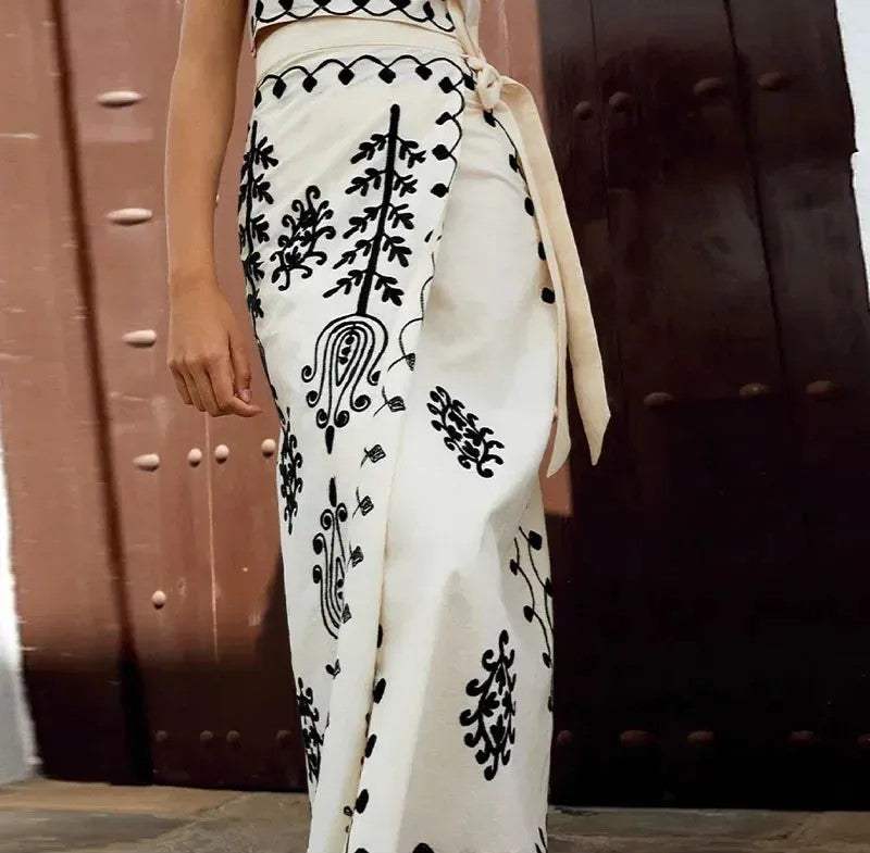 Women's Two-Piece Set | Embroidered Crop Top and Wrap Midi Skirt 3