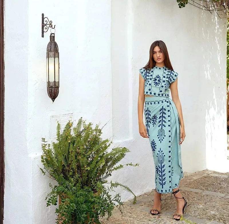 Women's Two-Piece Set | Embroidered Crop Top and Wrap Midi Skirt 6
