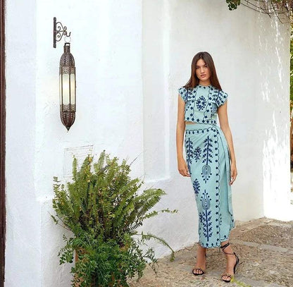 Women's Two-Piece Set | Embroidered Crop Top and Wrap Midi Skirt 6