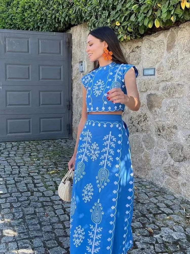 Women's Two-Piece Set | Embroidered Crop Top and Wrap Midi Skirt 8