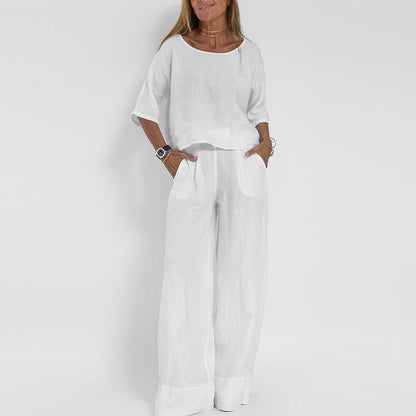 Women's Two Piece Set | Relaxed Fit Linen Blend Co Ord Set with Wide-Leg Trousers 3
