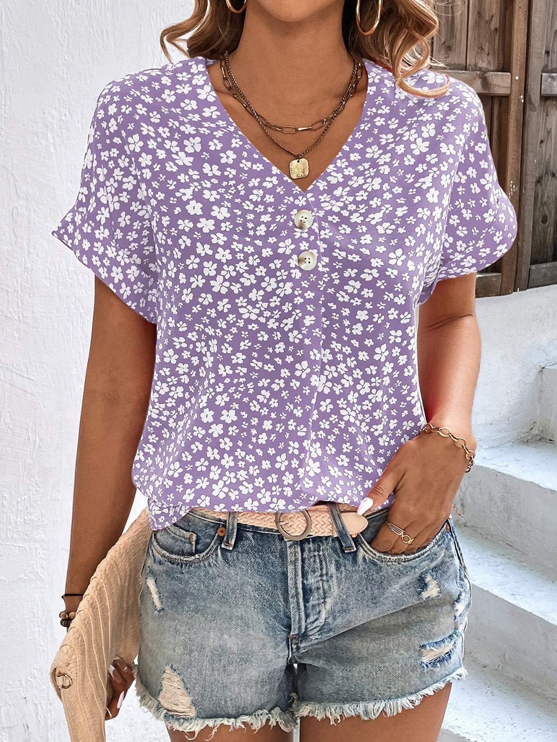 Womens Blouse | Casual Floral Short Sleeve V-Neck Top for Summer 2