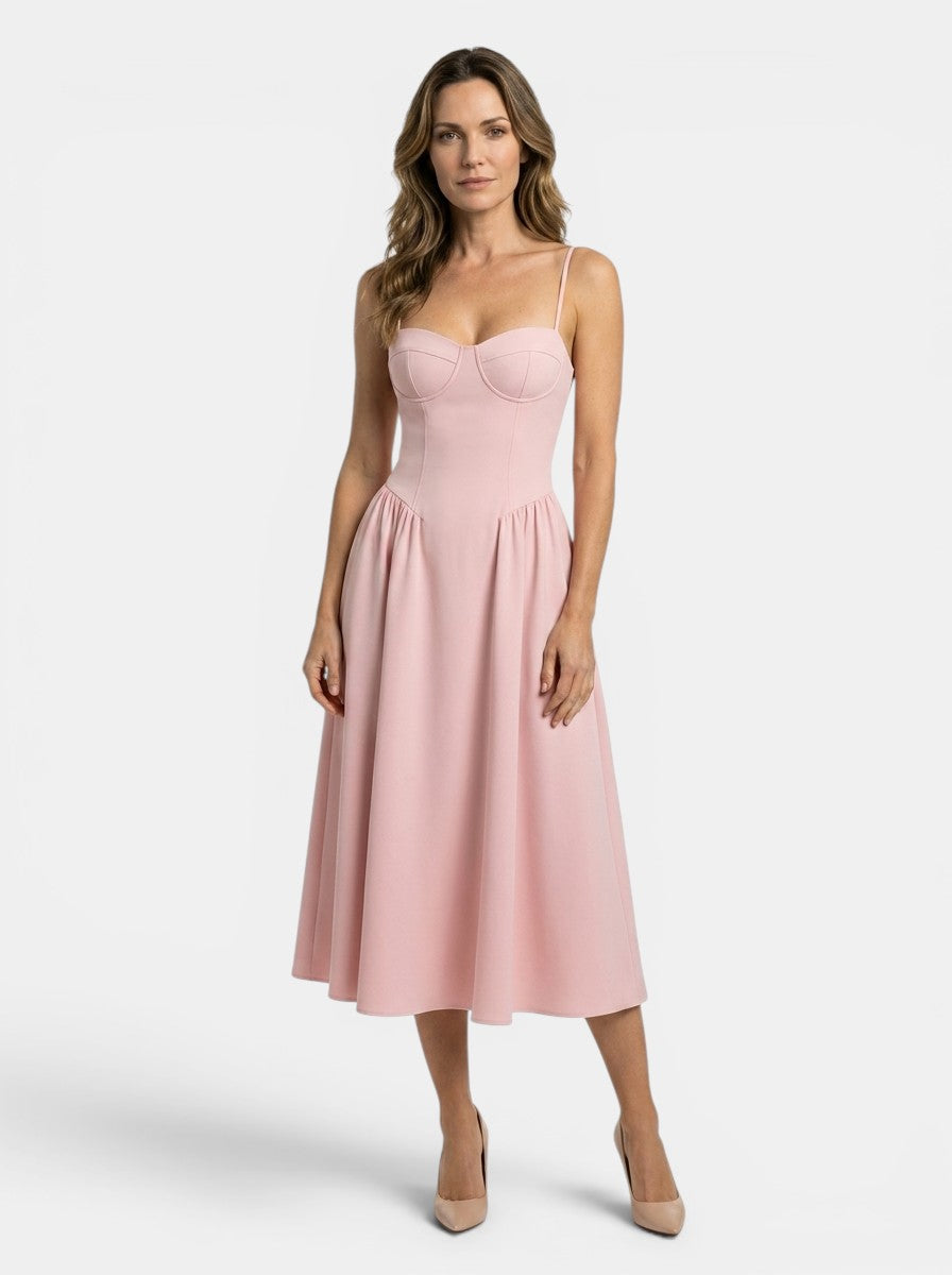 Womens Dress | Structured Midi With Corset Bodice And Flared Skirt 0