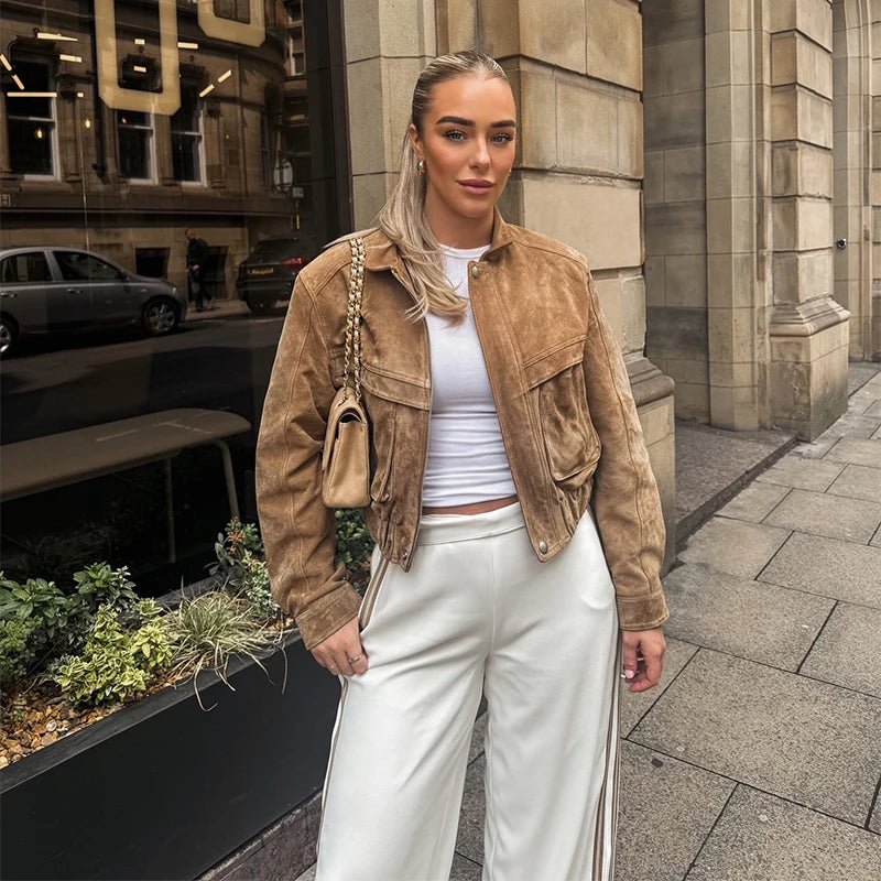 Womens Jacket | Vintage Suede Short with Loose Fit and Zipper Pockets 0
