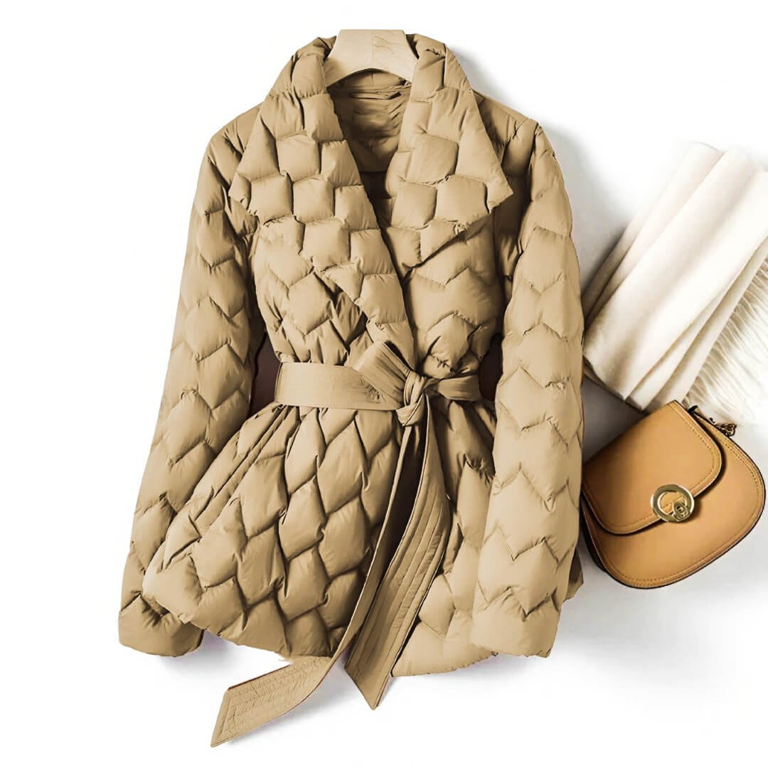 Womens Long Puffer Coat | Quilted Down Insulation with Belted Waist 1