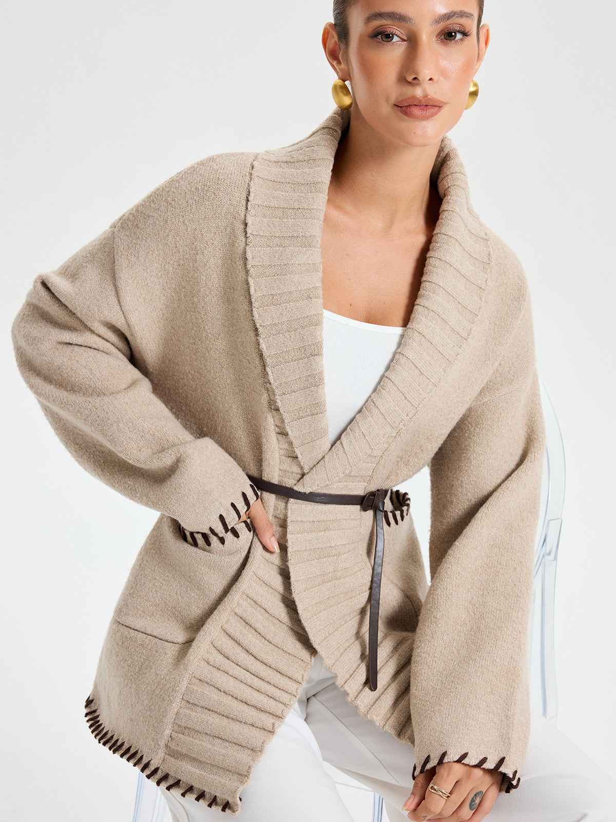 Womens Winter Coats | Knit Outerwear with Belted Design for Warmth 0