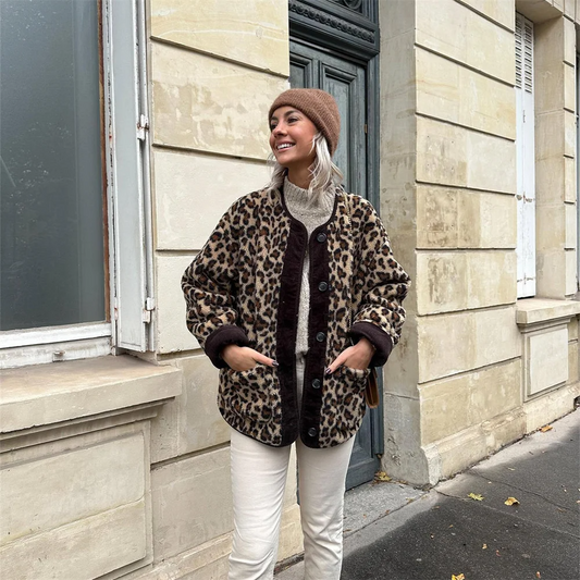 Wool Coat Women | Trendy Leopard Print O-Neck Jacket for Style 0