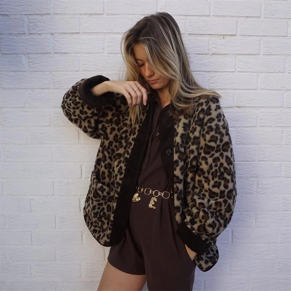 Wool Coat Women | Trendy Leopard Print O-Neck Jacket for Style 4
