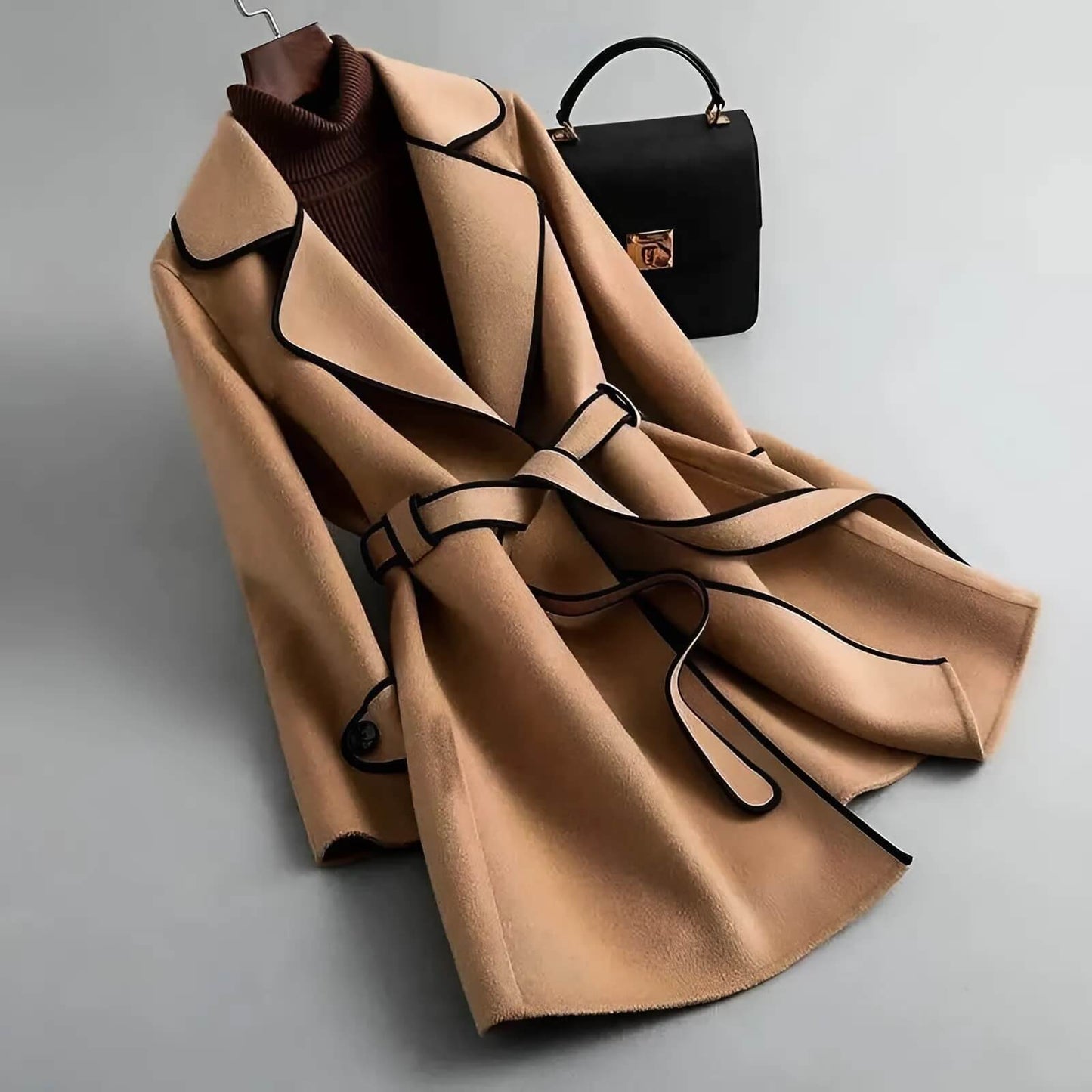 Wool Coat | Elegant A-Line Design with Belted Waist and Contrast Piping 0