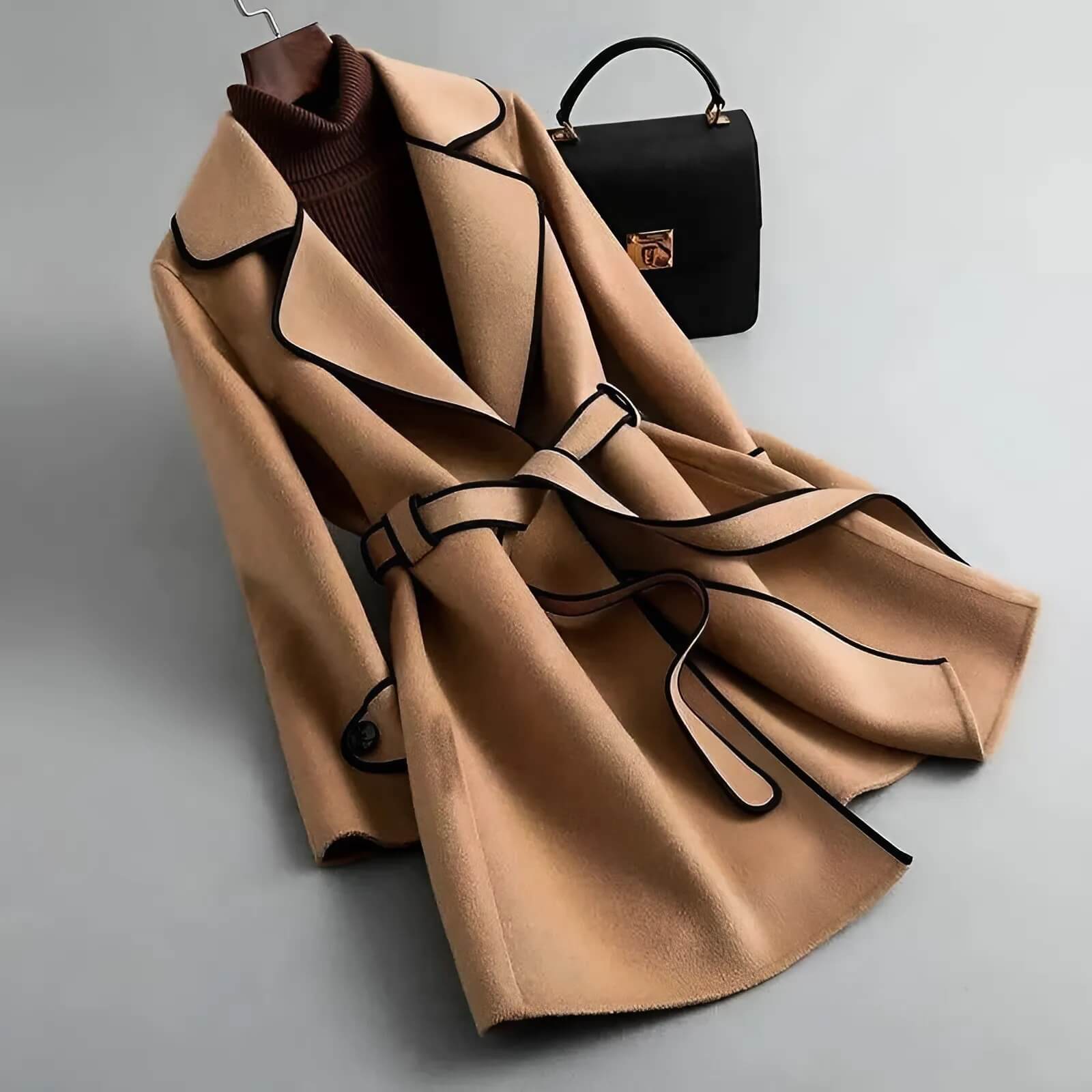 Wool Coat | Elegant A-Line Design with Belted Waist and Contrast Piping 0