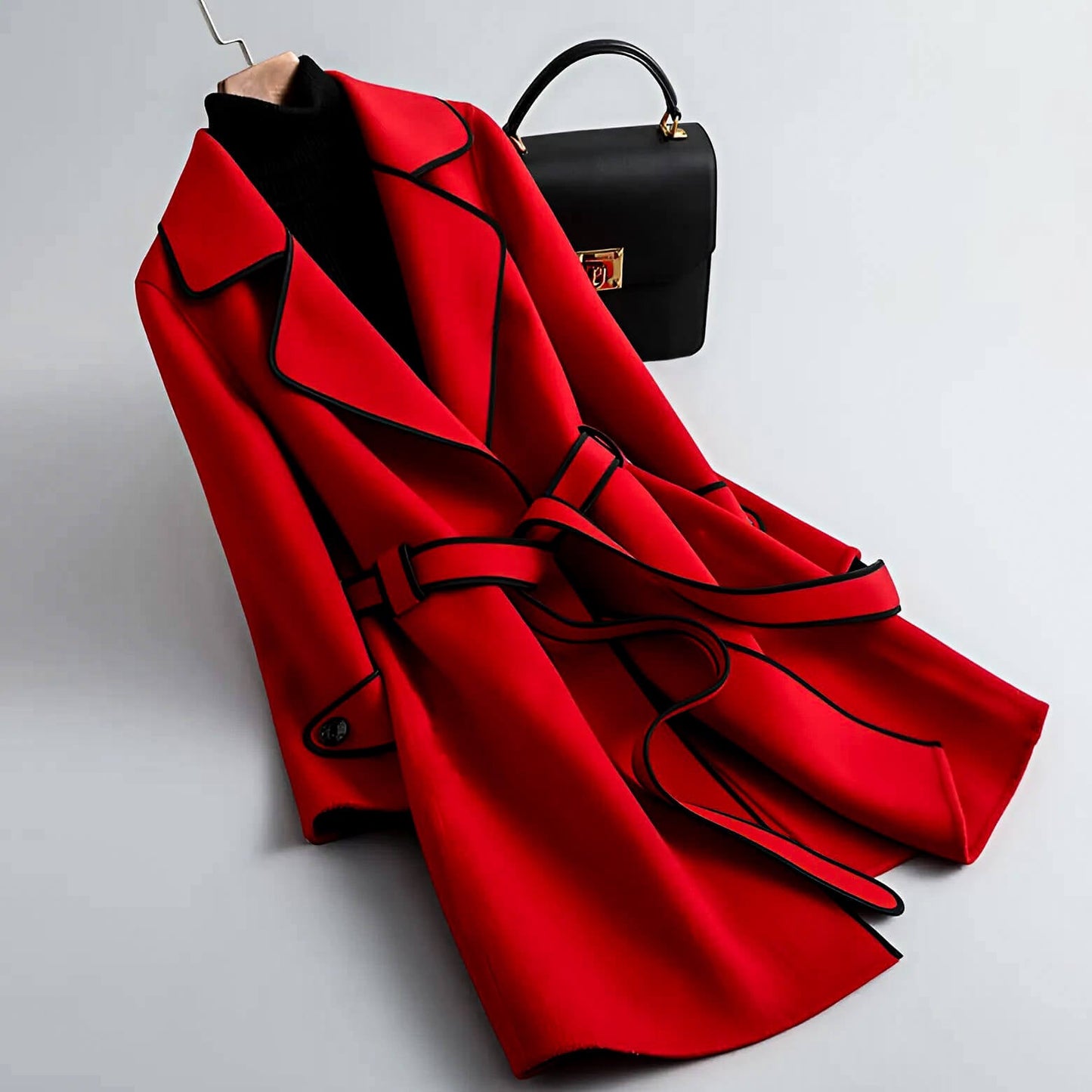 Wool Coat | Elegant A-Line Design with Belted Waist and Contrast Piping 1