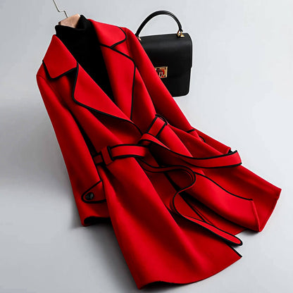 Wool Coat | Elegant A-Line Design with Belted Waist and Contrast Piping 1