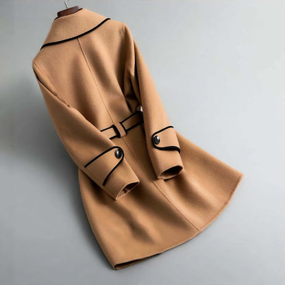 Wool Coat | Elegant A-Line Design with Belted Waist and Contrast Piping 4