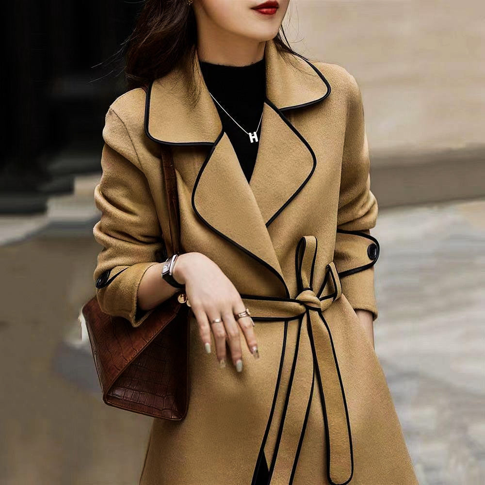 Wool Coat | Elegant A-Line Design with Belted Waist and Contrast Piping 5